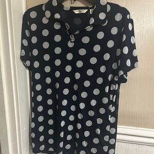 Liz Claiborne Dark Blue Sheer Lined Top with White Dots Collar Size XL